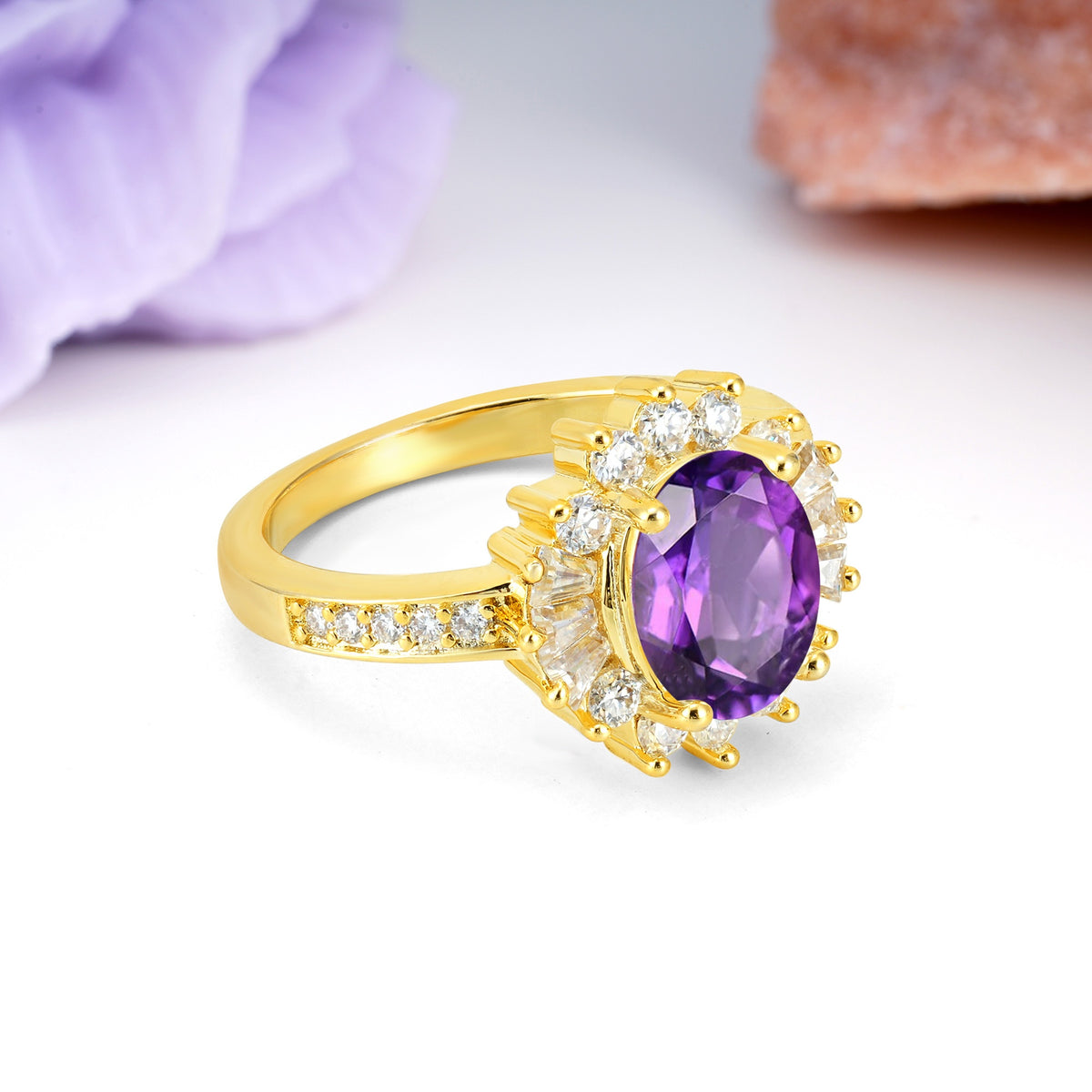 Exquisite Luxury Pavé Set 4 Prong Oval Cut Amethyst Wedding Ring - Additional view