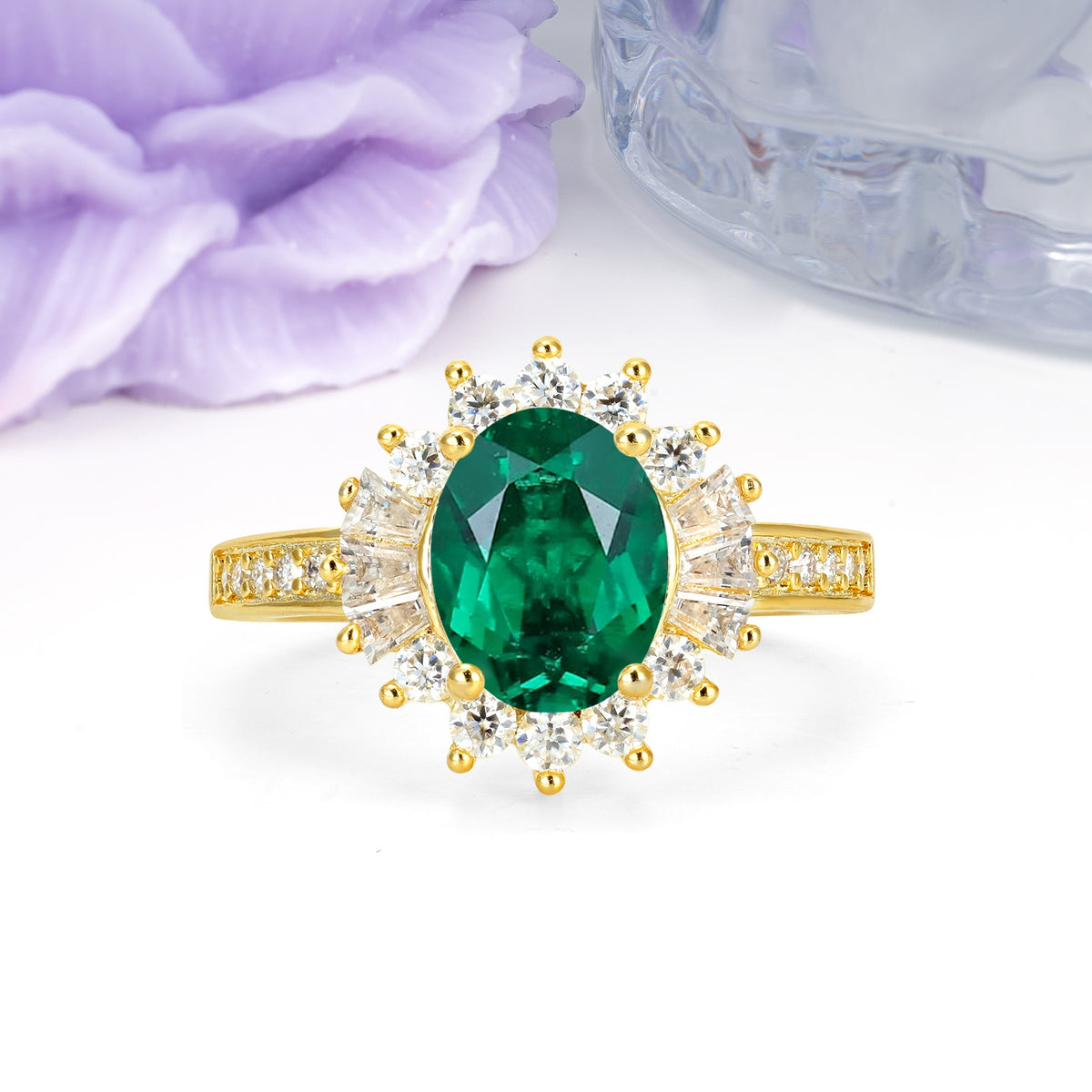 Exquisite Luxury Pavé Set 4 Prong Oval Cut Emerald Wedding Ring - Additional view