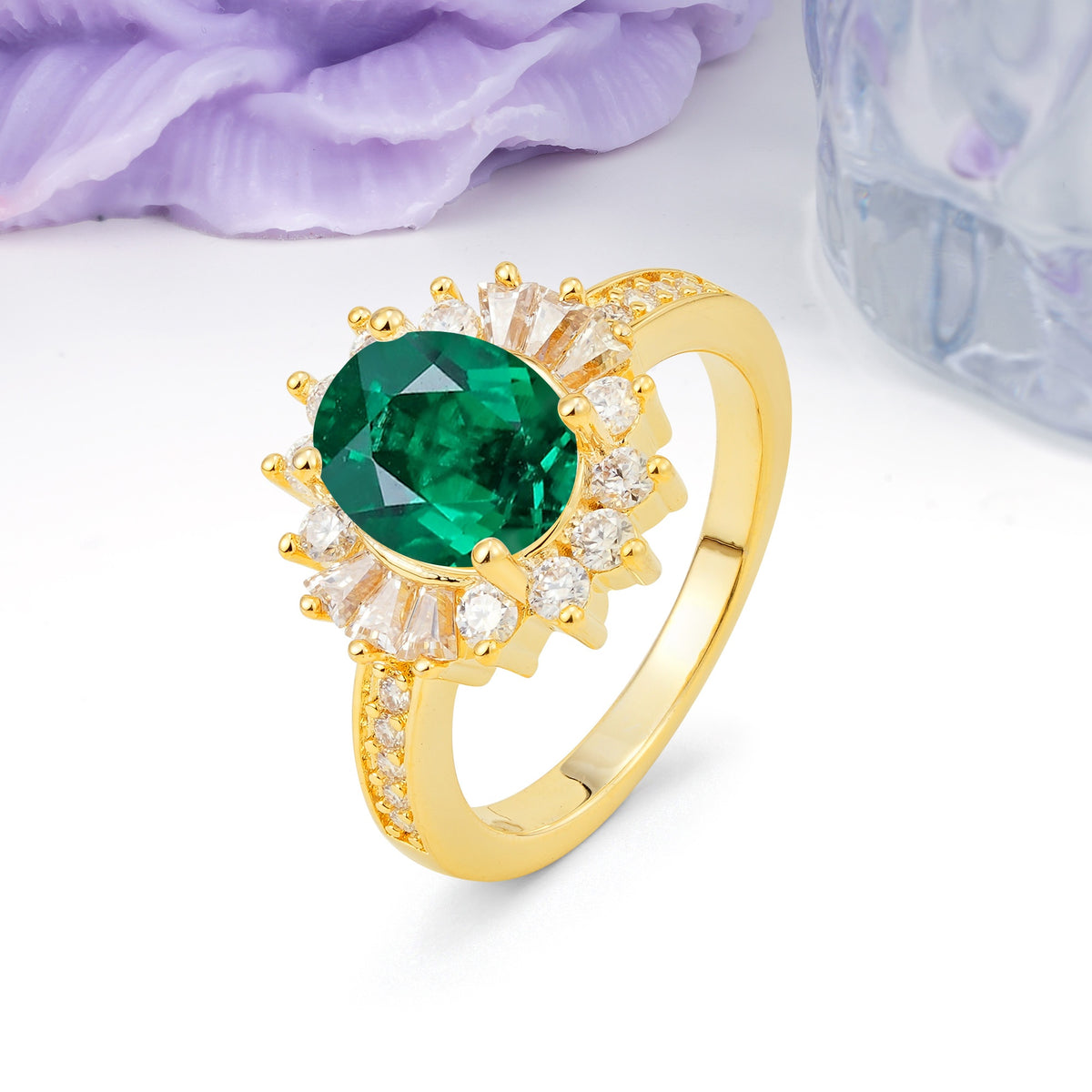 Exquisite Luxury Pavé Set 4 Prong Oval Cut Emerald Wedding Ring - Additional view