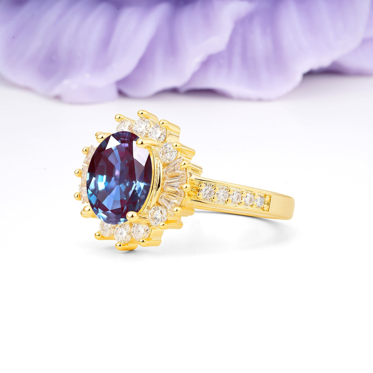 Exquisite Luxury Pavé Set 4 Prong Oval Cut Alexandrite Wedding Ring - Additional view