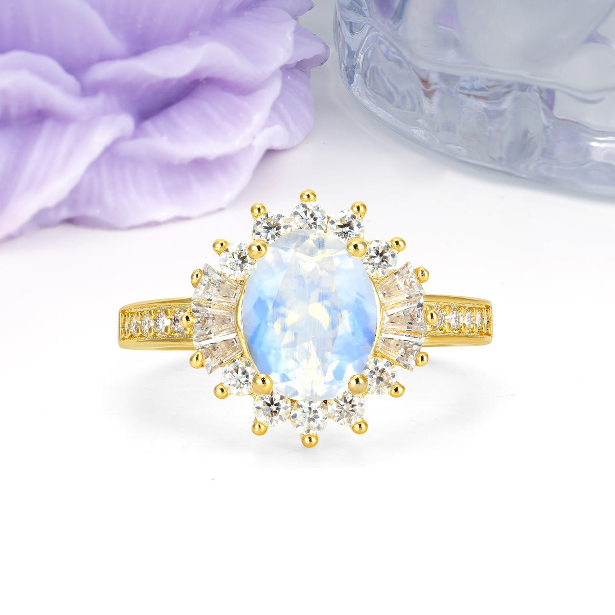 Exquisite Luxury Pavé Set 4 Prong Oval Cut Moonstone Wedding Ring - Additional view