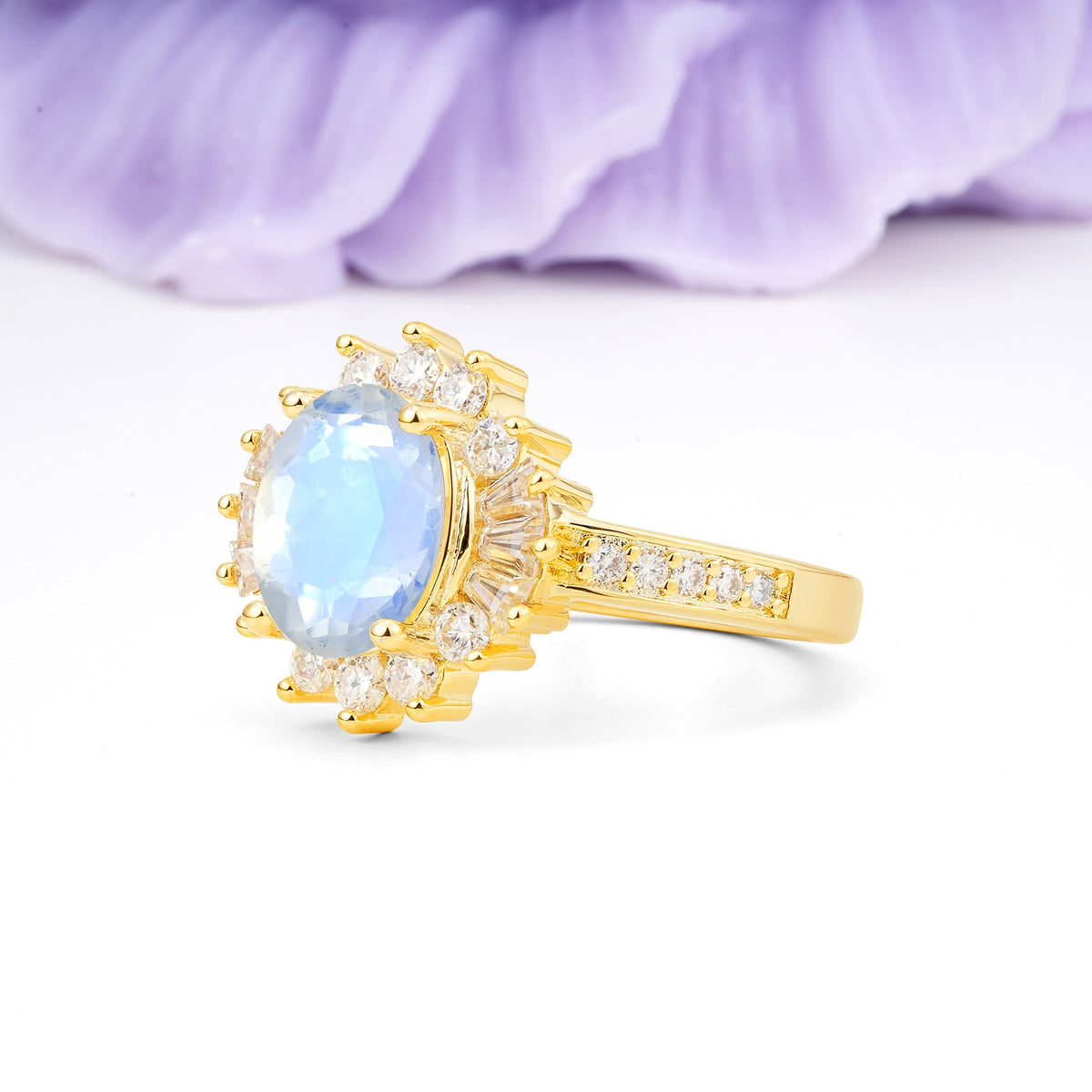 Exquisite Luxury Pavé Set 4 Prong Oval Cut Moonstone Wedding Ring - Additional view