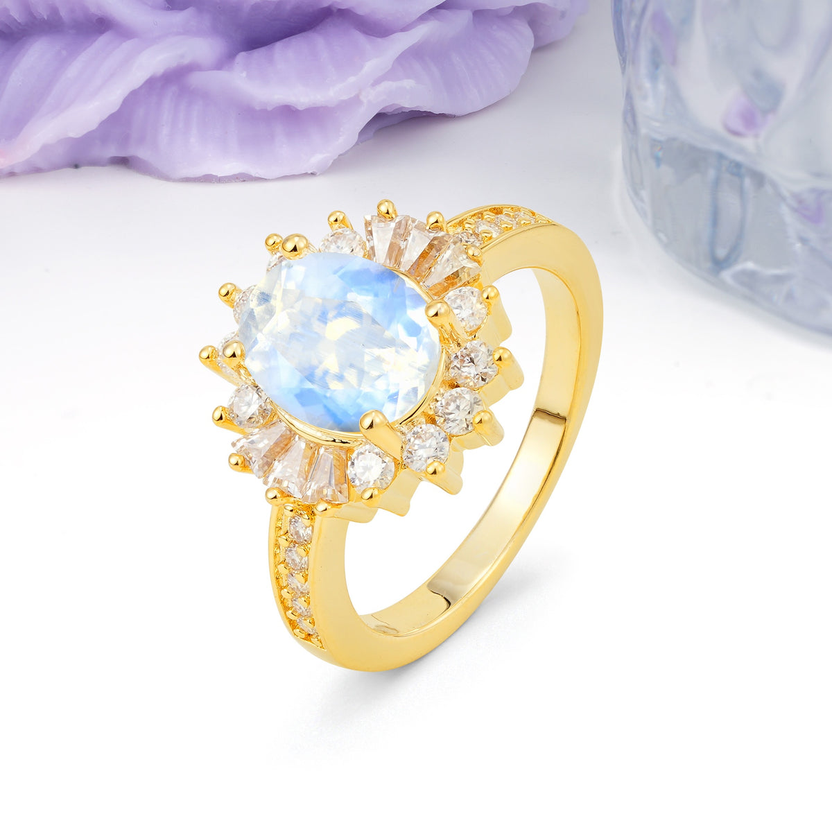 Exquisite Luxury Pavé Set 4 Prong Oval Cut Moonstone Wedding Ring - Additional view