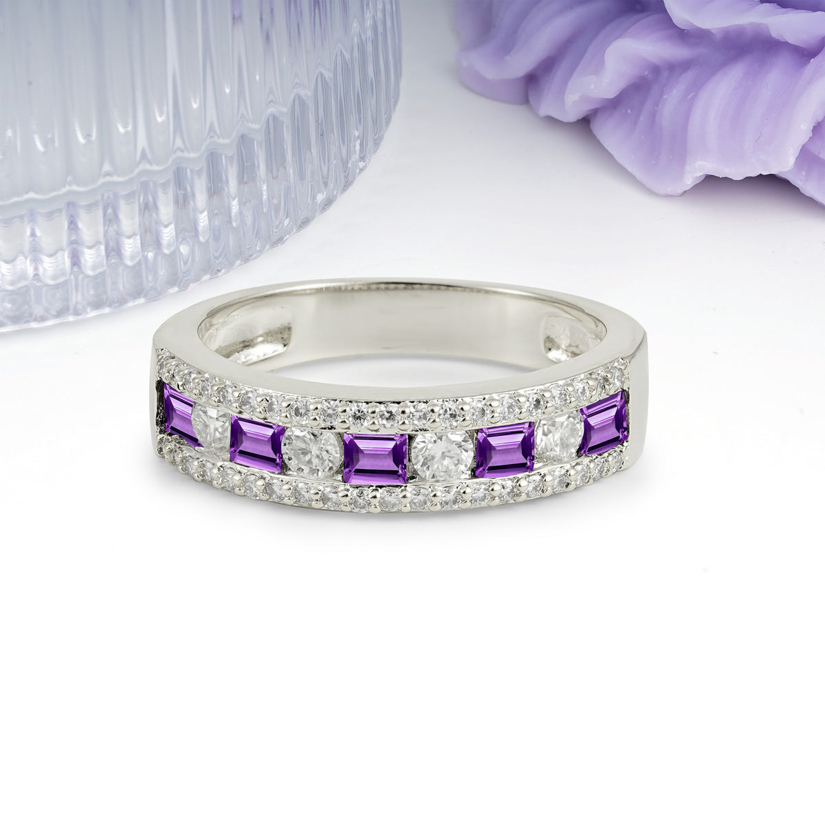 Alternating Baguette Amethyst Round Cut Wedding Ring - Additional view