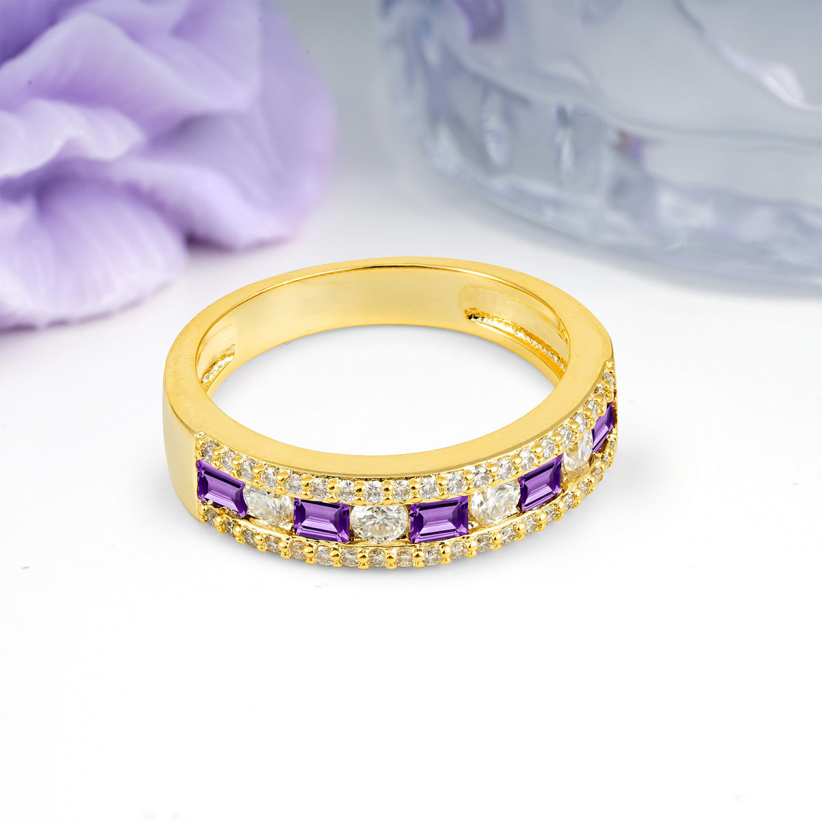 Alternating Baguette Amethyst Round Cut Wedding Ring - Additional view