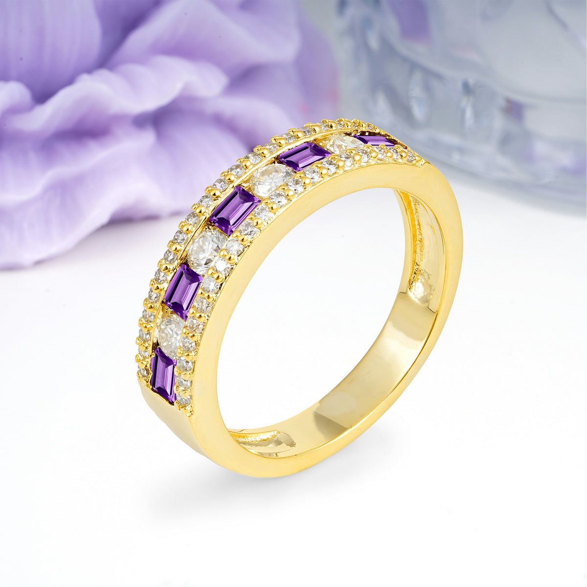 Alternating Baguette Amethyst Round Cut Wedding Ring - Additional view