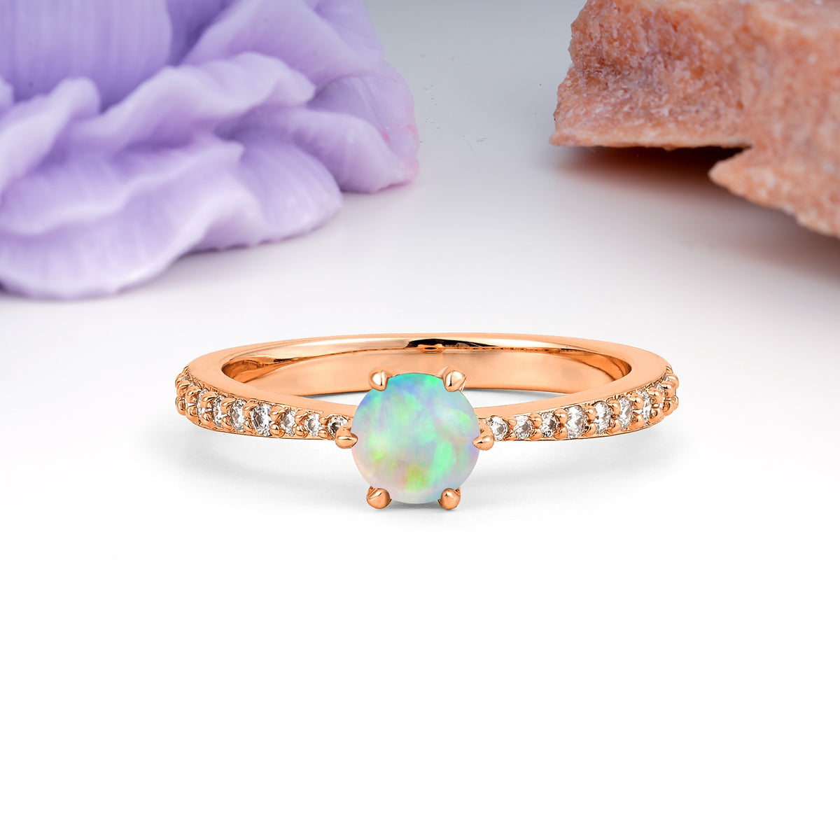 Minimalist Pavé-Set, Luxurious 6-Prong Round Cut Fire Opal Engagement Ring - Additional view
