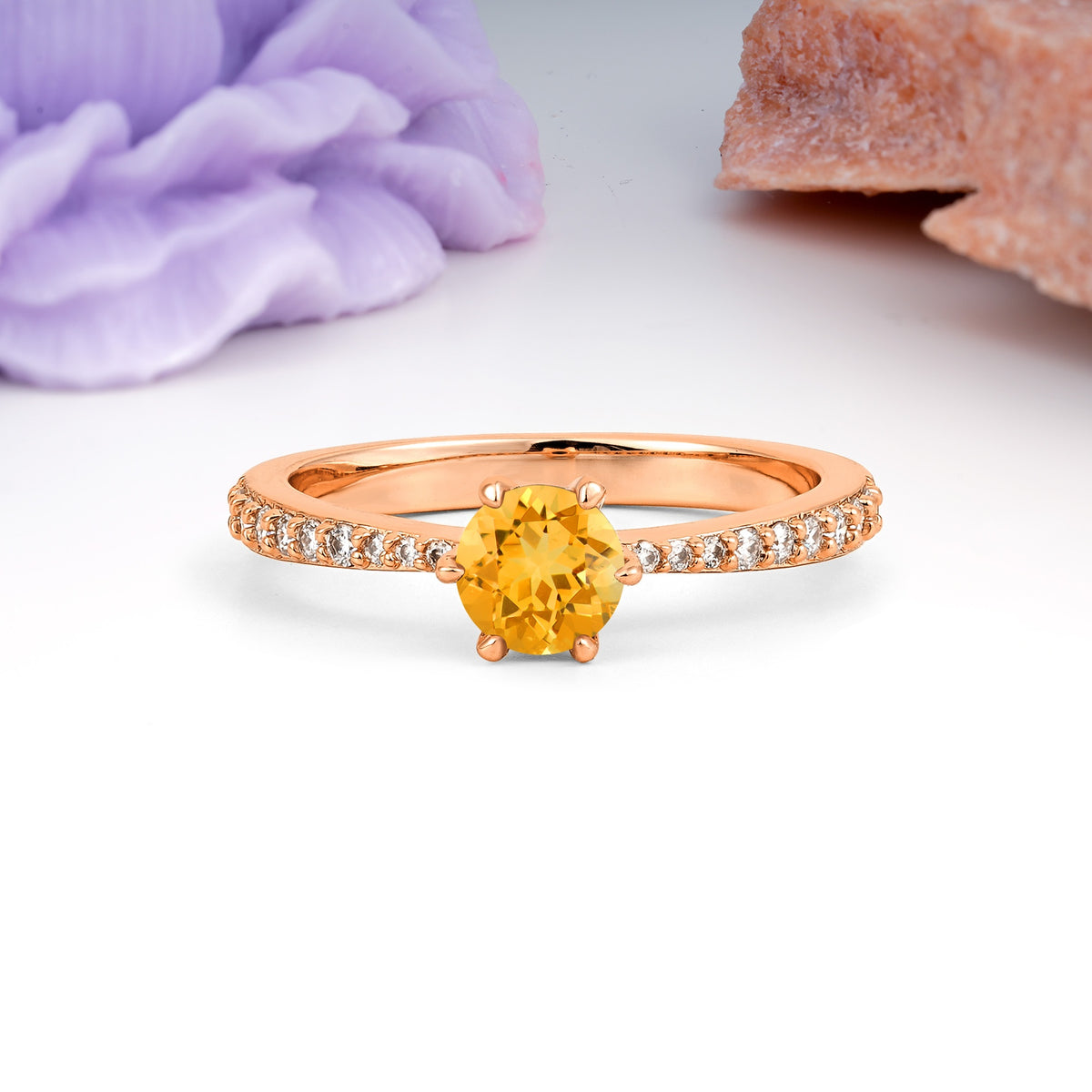 Minimalist Pavé-Set, Luxurious 6-Prong Round Cut Citrine Engagement Ring - Additional view