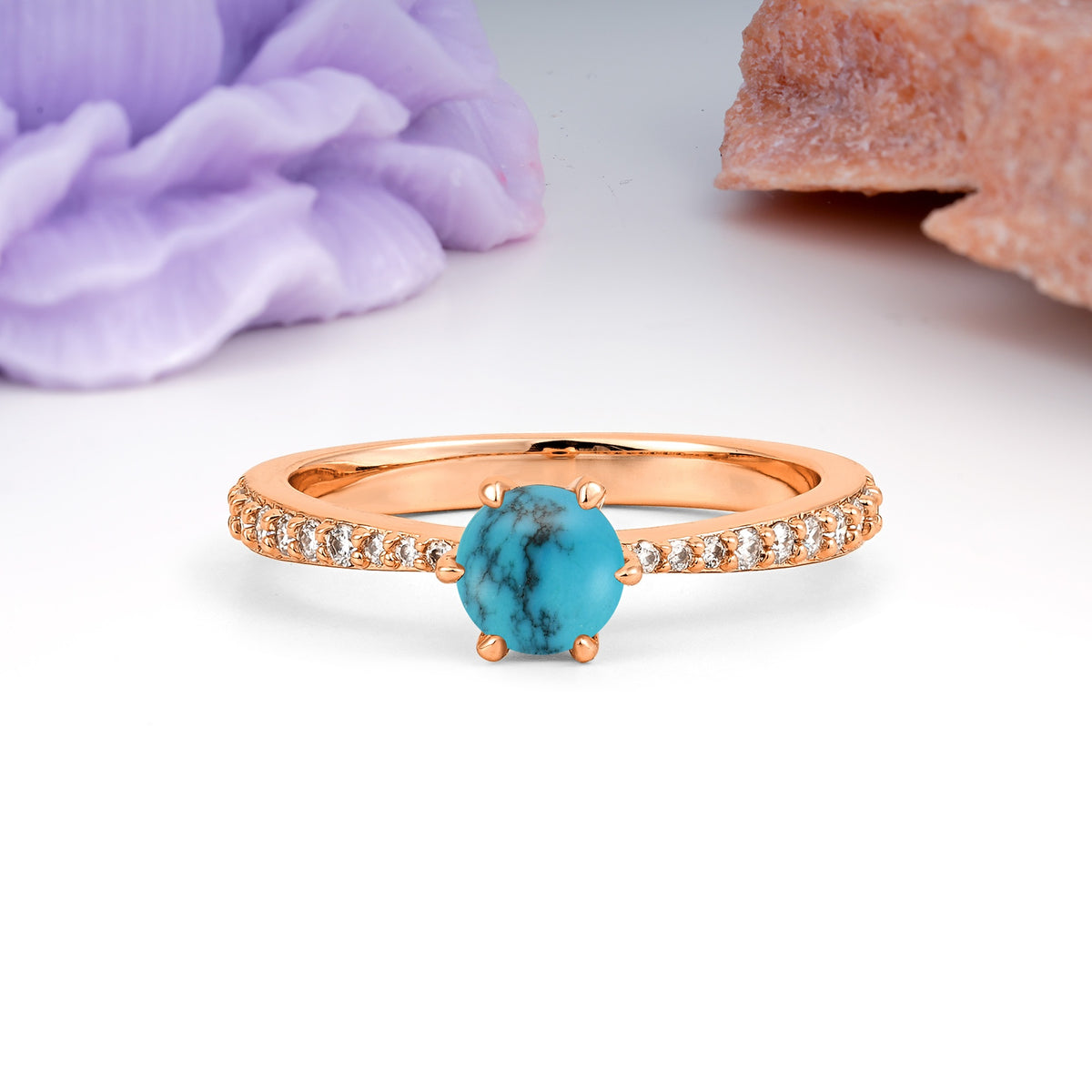 Minimalist Pavé-Set, Luxurious 6-Prong Round Cut Turquoise Engagement Ring - Additional view