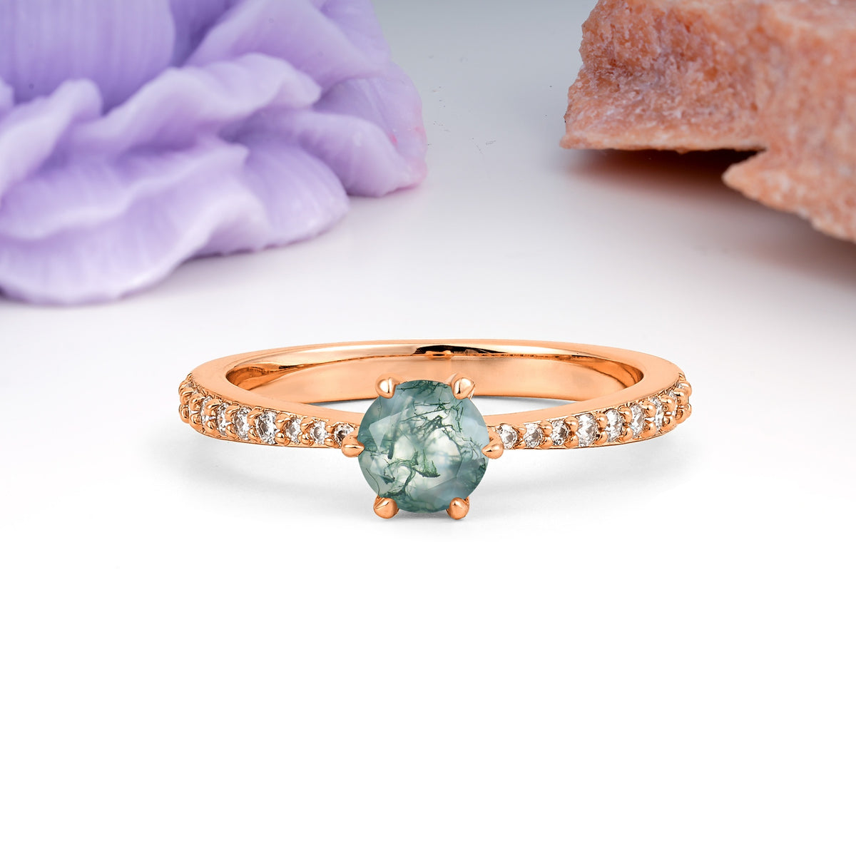 Minimalist Pavé-Set, Luxurious 6-Prong Round Cut Moss Agate Engagement Ring - Additional view