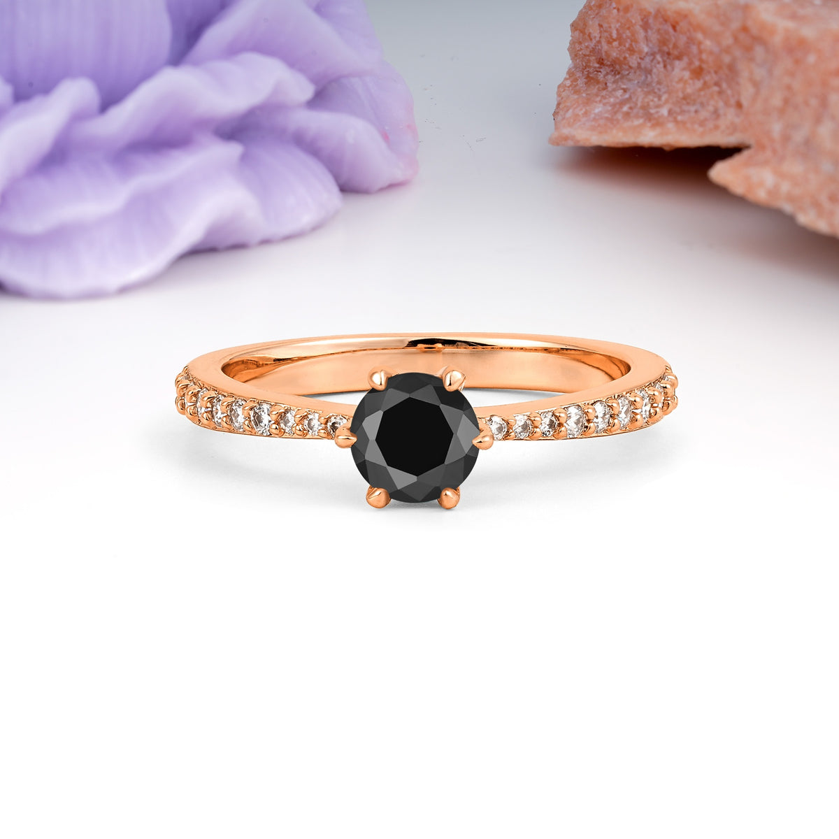 Minimalist Pavé-Set, Luxurious 6-Prong Round Cut Black Onyx Engagement Ring - Additional view