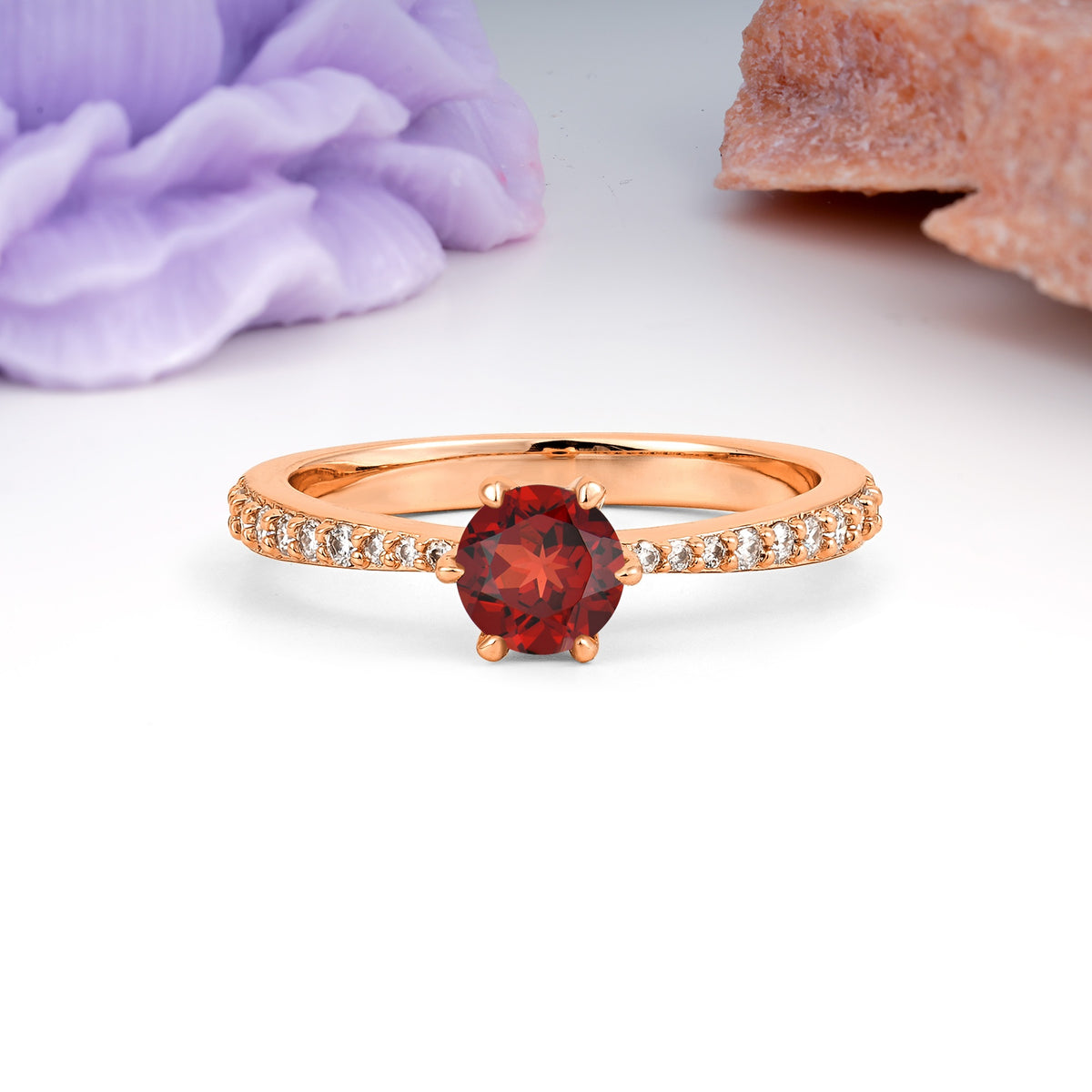 Minimalist Pavé-Set, Luxurious 6-Prong Round Cut Garnet Engagement Ring - Additional view
