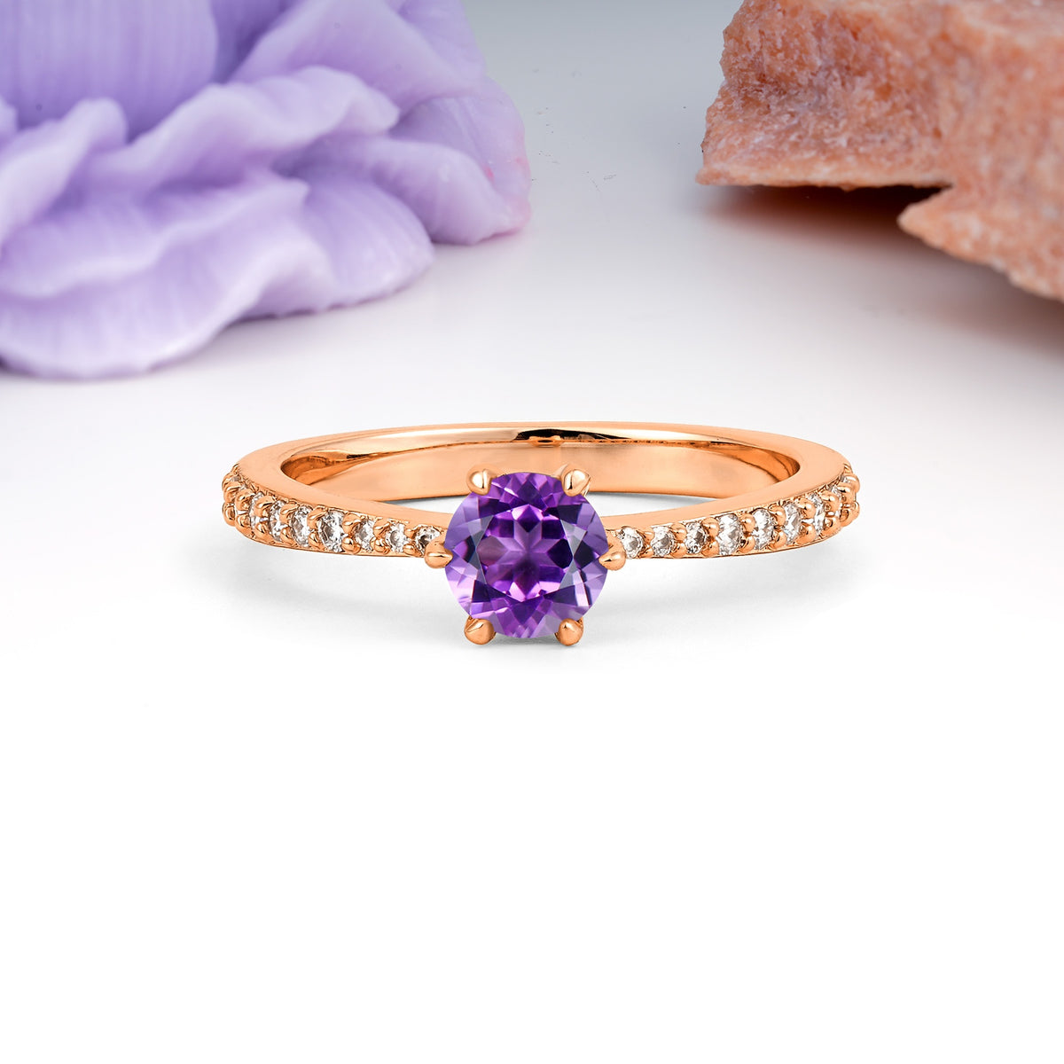 Minimalist Pavé-Set, Luxurious 6-Prong Round Cut Amethyst Engagement Ring - Additional view