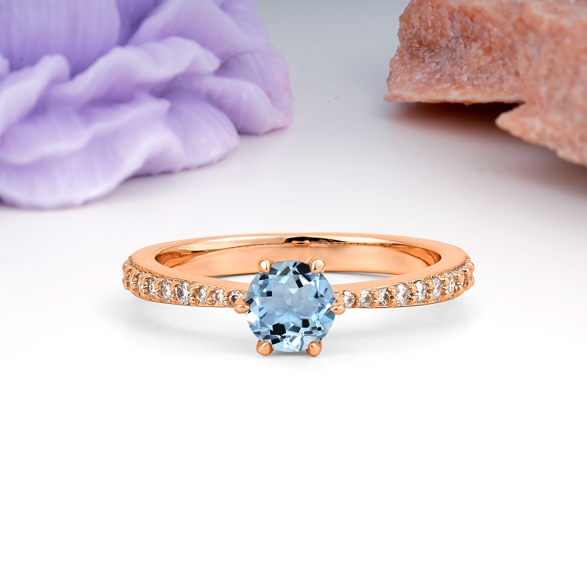 Minimalist Pavé-Set, Luxurious 6-Prong Round Cut Aquamarine Engagement Ring - Additional view