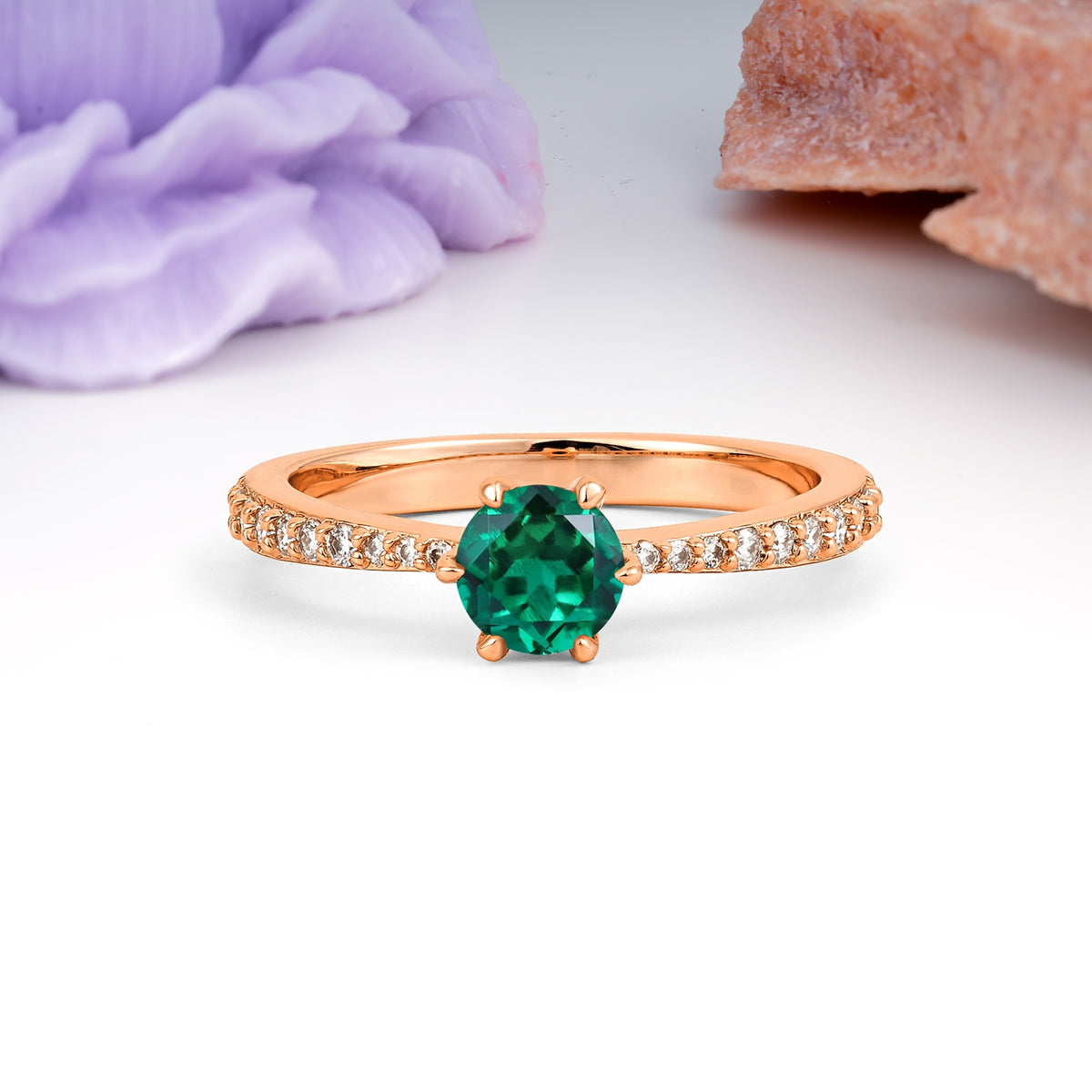 Minimalist Pavé-Set, Luxurious 6-Prong Round Cut Emerald Engagement Ring - Additional view