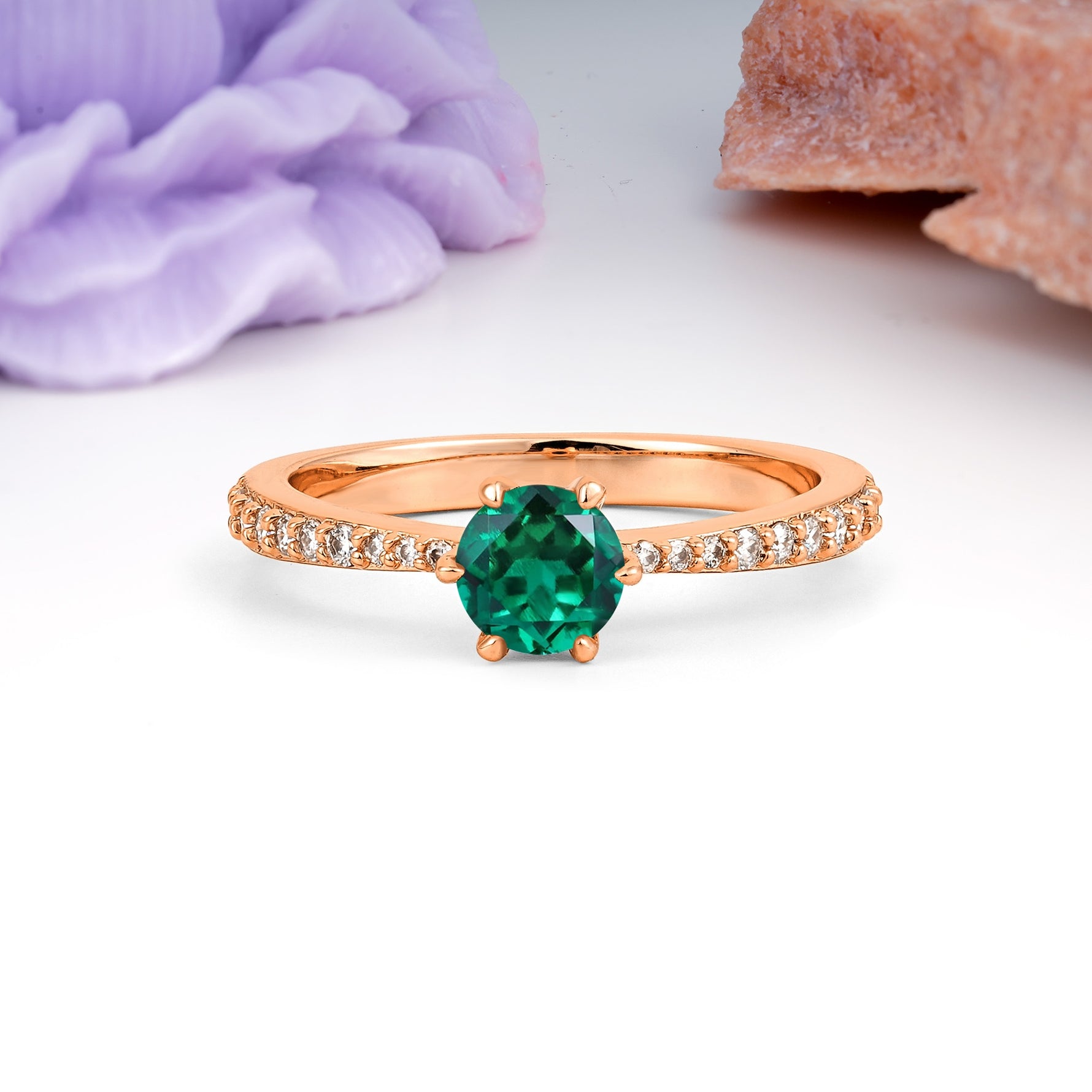 Minimalist Pavé-Set, Luxurious 6-Prong Round Cut Emerald Engagement Ring - Additional view