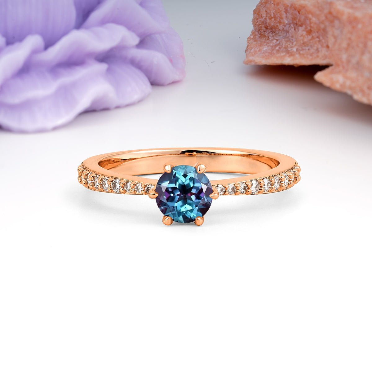 Minimalist Pavé-Set, Luxurious 6-Prong Round Cut Alexandrite Engagement Ring - Additional view