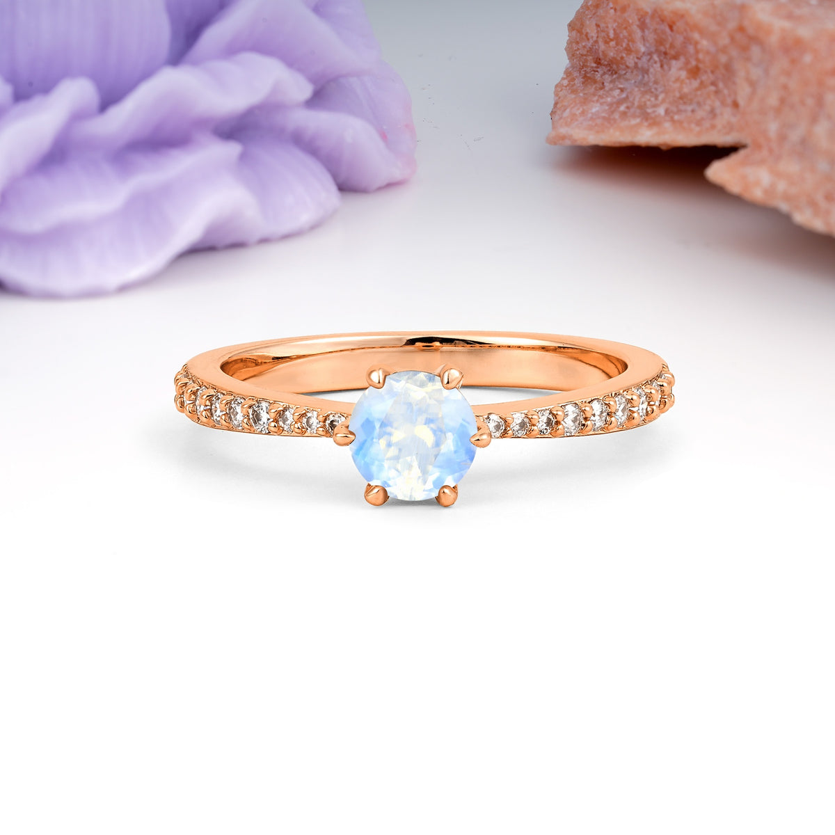 Minimalist Pavé-Set, Luxurious 6-Prong Round Cut Moonstone Engagement Ring - Additional view