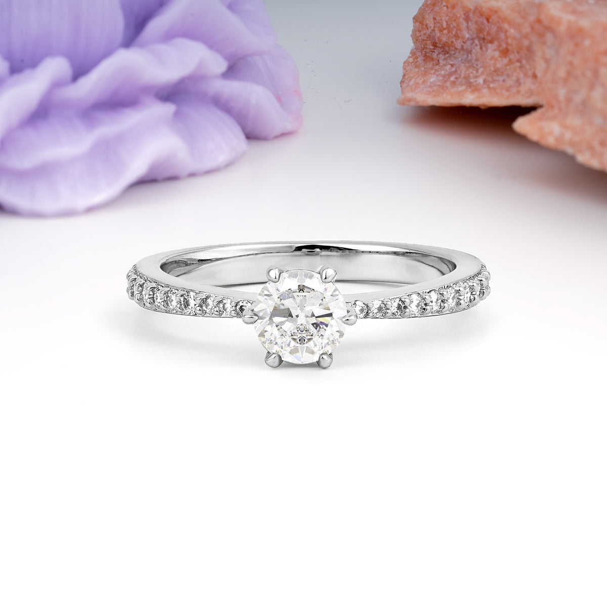 Minimalist Pavé-Set, Luxurious 6-Prong Round Cut Moissanite Engagement Ring - Additional view