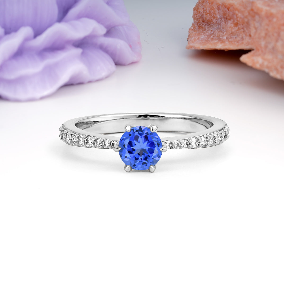 Minimalist Pavé-Set, Luxurious 6-Prong Round Cut Sapphire Engagement Ring - Additional view