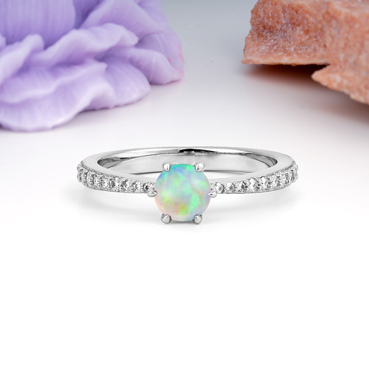 Minimalist Pavé-Set, Luxurious 6-Prong Round Cut Fire Opal Engagement Ring - Additional view