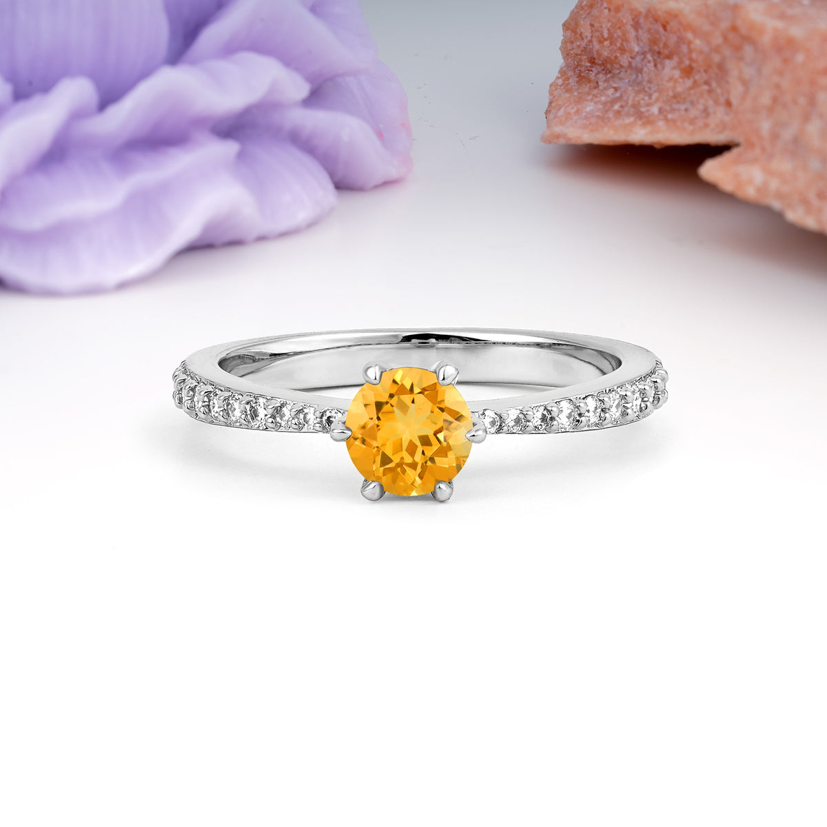 Minimalist Pavé-Set, Luxurious 6-Prong Round Cut Citrine Engagement Ring - Additional view