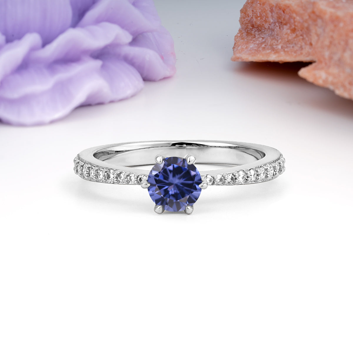 Minimalist Pavé-Set, Luxurious 6-Prong Round Cut Tanzanite Engagement Ring - Additional view