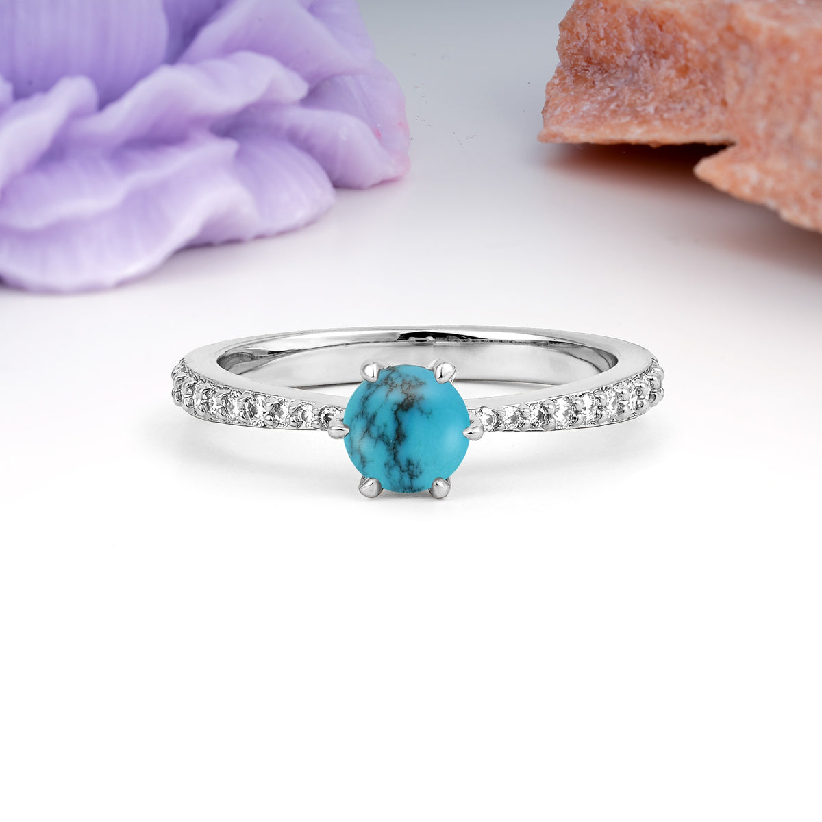 Minimalist Pavé-Set, Luxurious 6-Prong Round Cut Turquoise Engagement Ring - Additional view