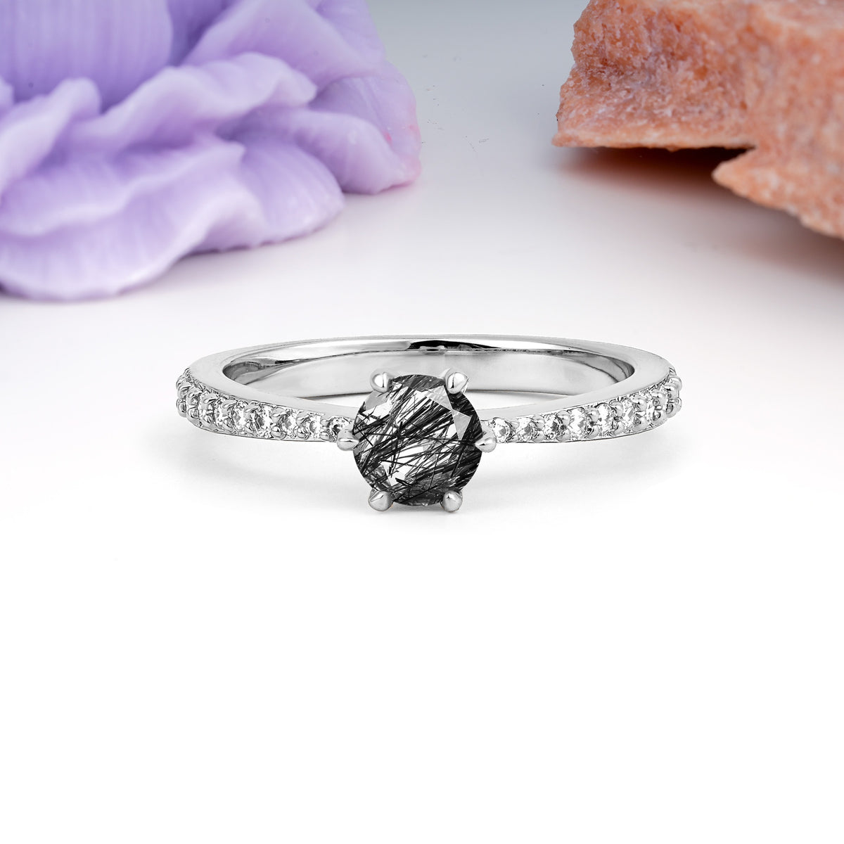 Minimalist Pavé-Set, Luxurious 6-Prong Round Cut Black Rutilated Quartz Engagement Ring - Additional view