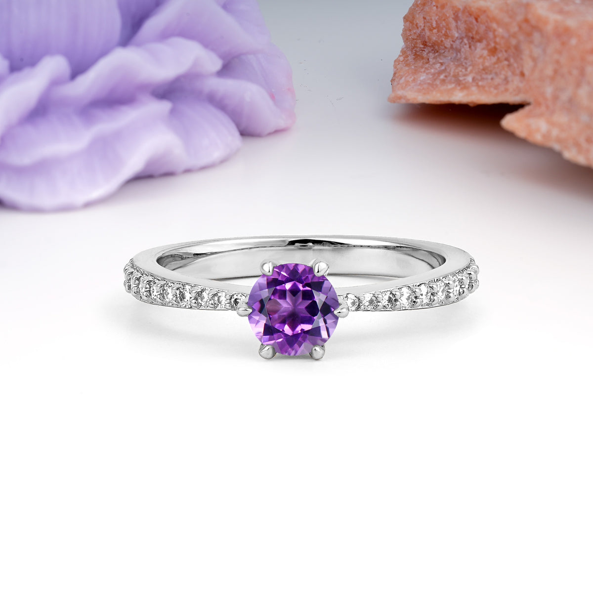 Minimalist Pavé-Set, Luxurious 6-Prong Round Cut Amethyst Engagement Ring - Additional view