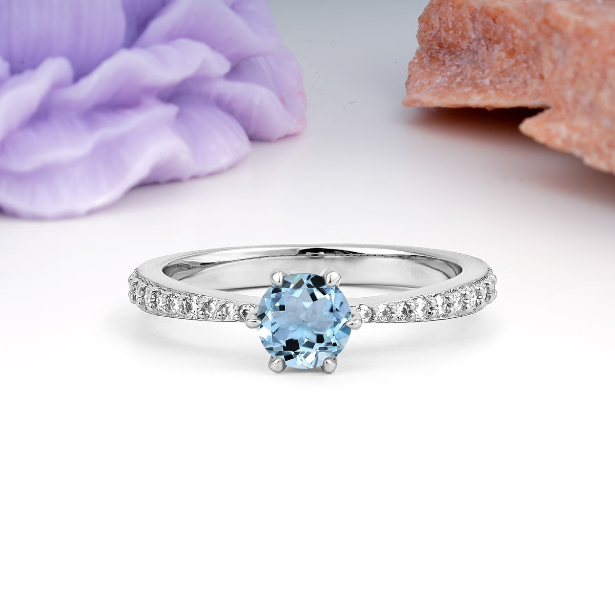 Minimalist Pavé-Set, Luxurious 6-Prong Round Cut Aquamarine Engagement Ring - Additional view