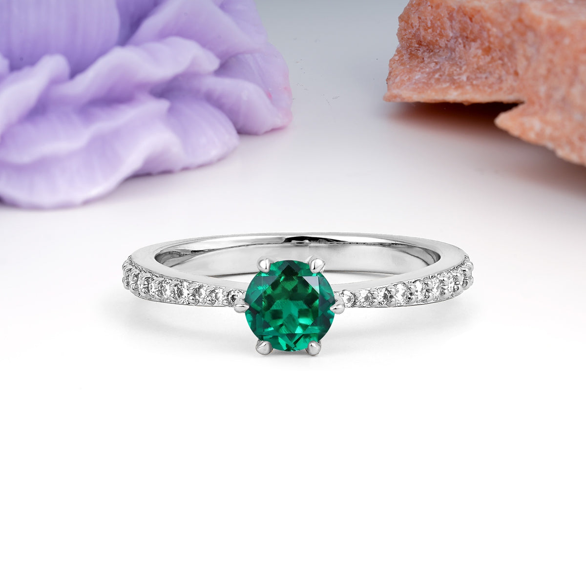 Minimalist Pavé-Set, Luxurious 6-Prong Round Cut Emerald Engagement Ring - Additional view