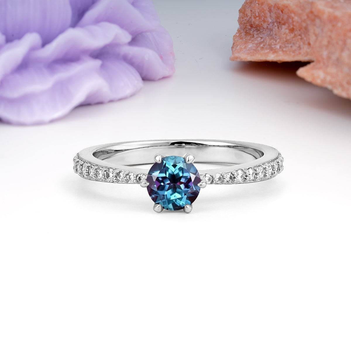 Minimalist Pavé-Set, Luxurious 6-Prong Round Cut Alexandrite Engagement Ring - Additional view
