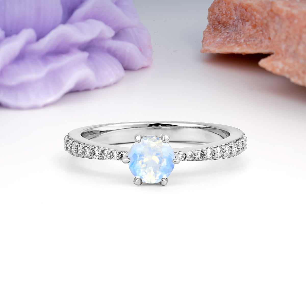 Minimalist Pavé-Set, Luxurious 6-Prong Round Cut Moonstone Engagement Ring - Additional view