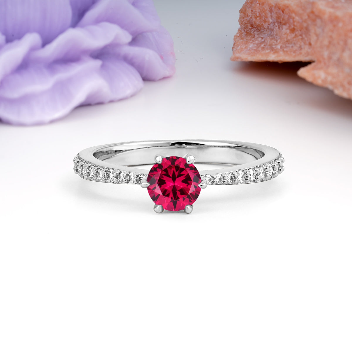 Minimalist Pavé-Set, Luxurious 6-Prong Round Cut Ruby Engagement Ring - Additional view