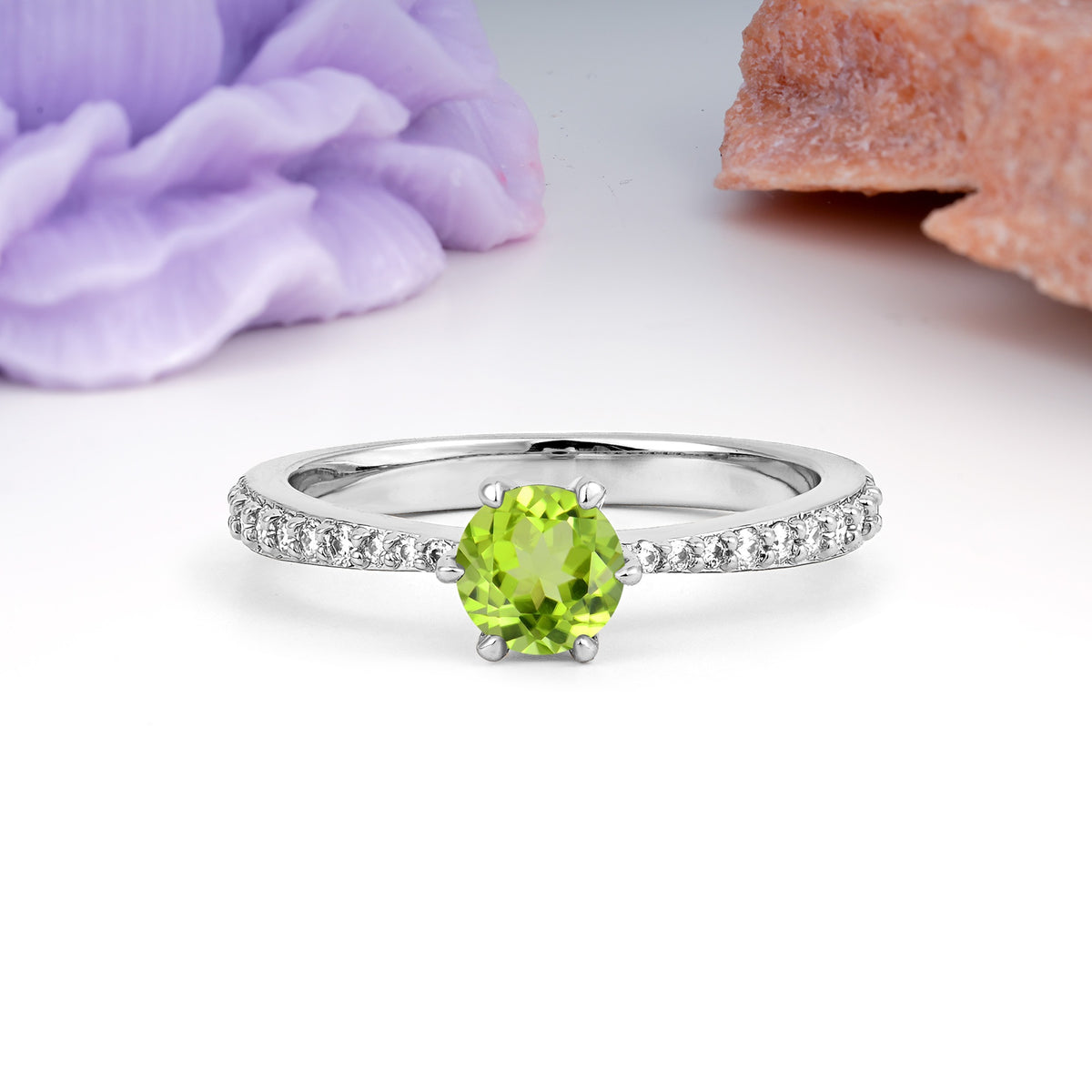 Minimalist Pavé-Set, Luxurious 6-Prong Round Cut Peridot Engagement Ring - Additional view