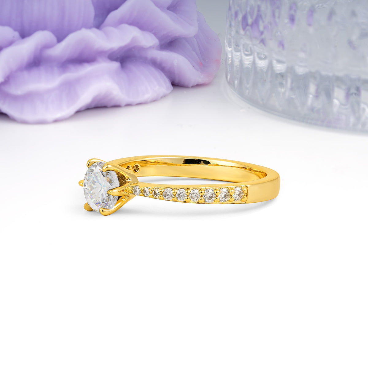 Minimalist Pavé-Set, Luxurious 6-Prong Round Cut Moissanite Engagement Ring - Additional view