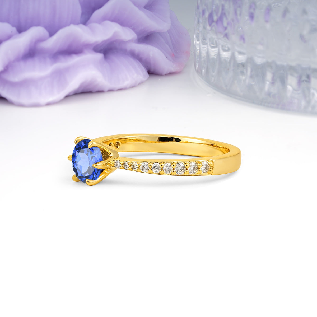 Minimalist Pavé-Set, Luxurious 6-Prong Round Cut Sapphire Engagement Ring - Additional view