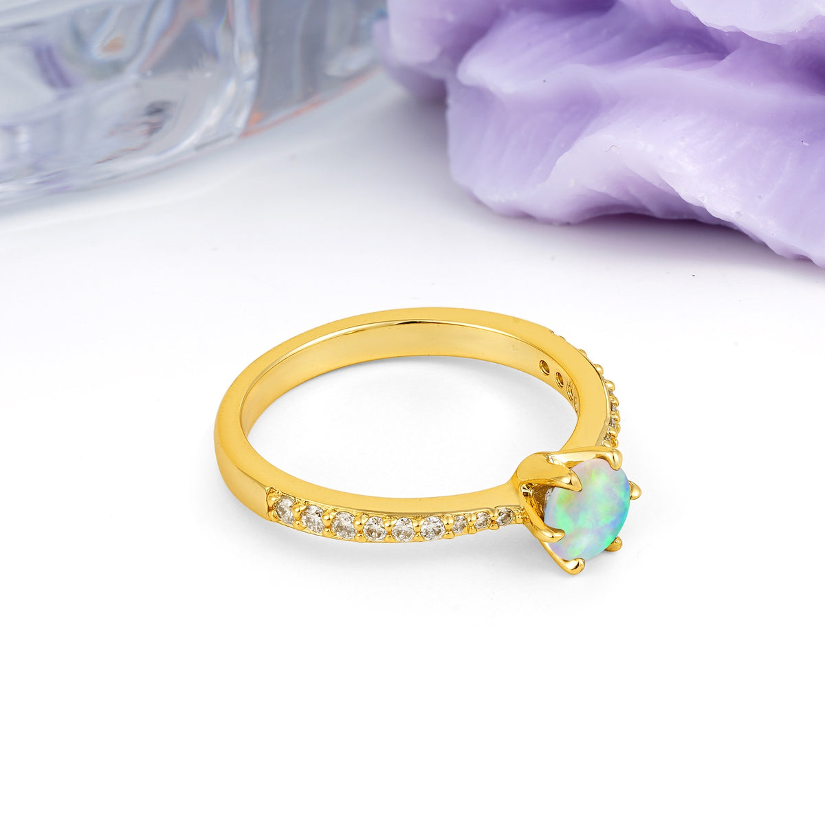 Minimalist Pavé-Set, Luxurious 6-Prong Round Cut Fire Opal Engagement Ring - Additional view