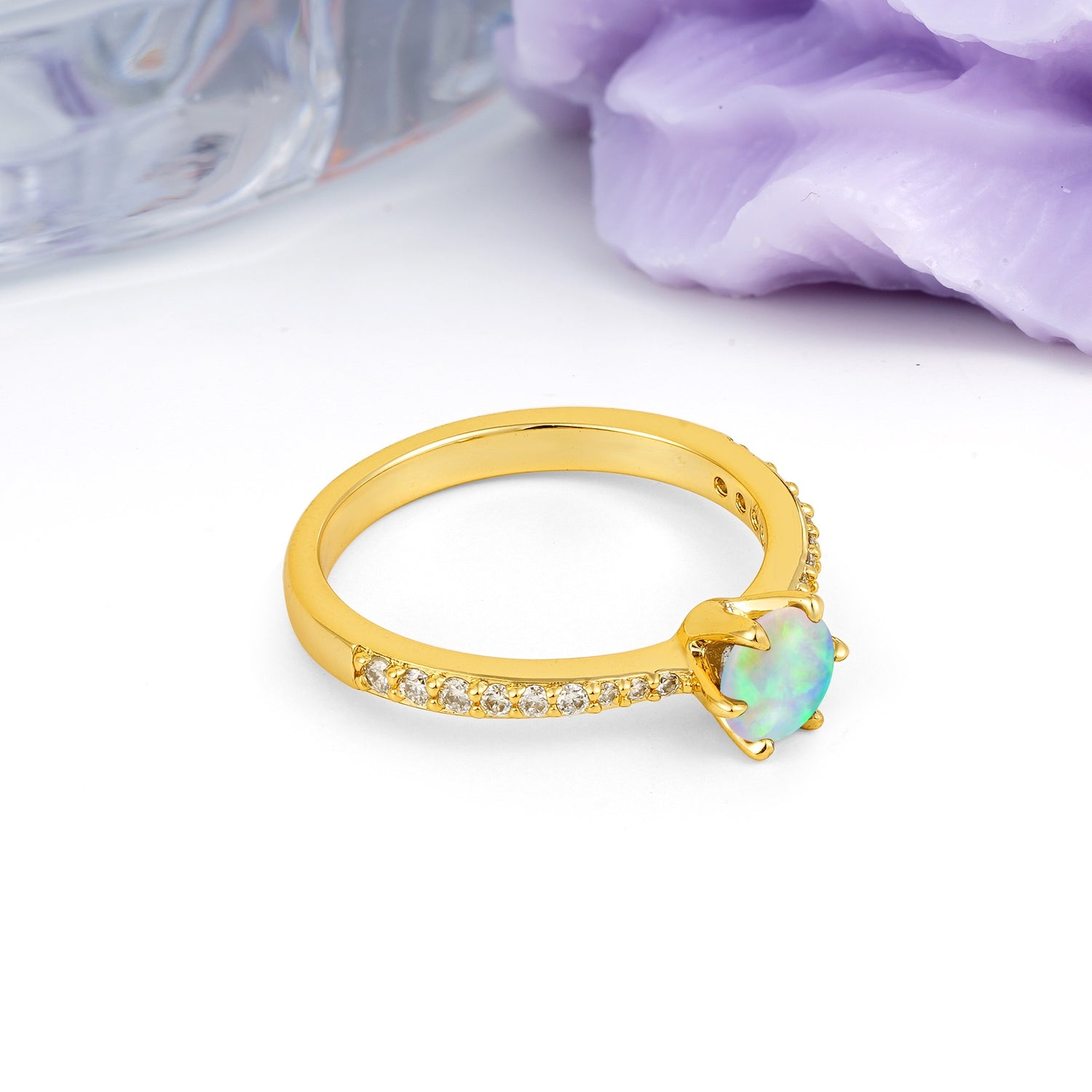 Minimalist Pavé-Set, Luxurious 6-Prong Round Cut Fire Opal Engagement Ring - Additional view