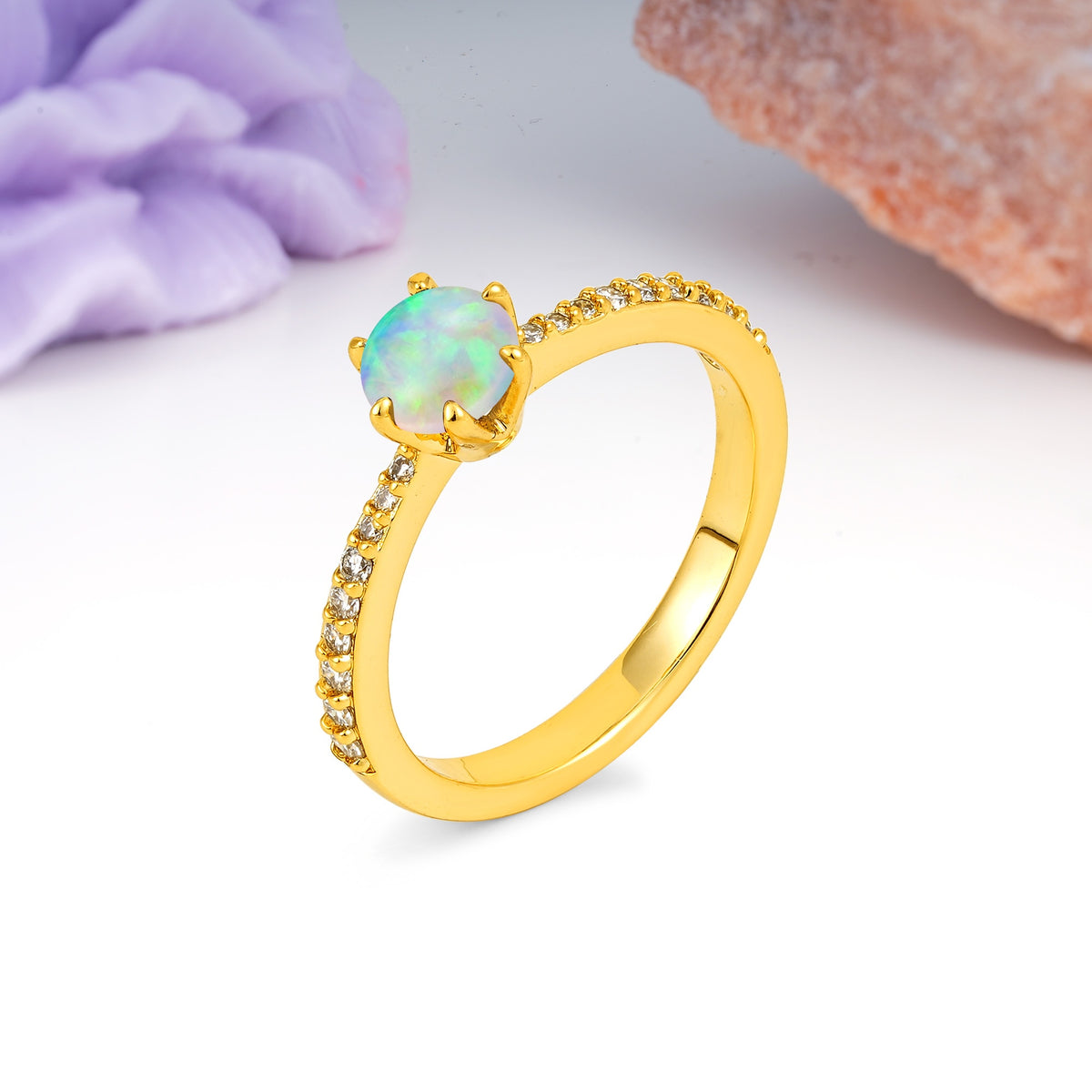 Minimalist Pavé-Set, Luxurious 6-Prong Round Cut Fire Opal Engagement Ring - Additional view