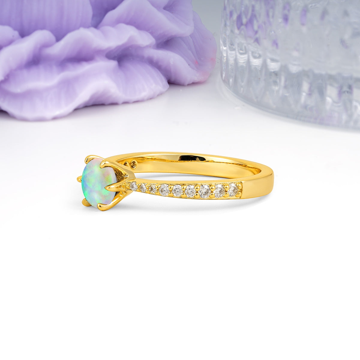 Minimalist Pavé-Set, Luxurious 6-Prong Round Cut Fire Opal Engagement Ring - Additional view