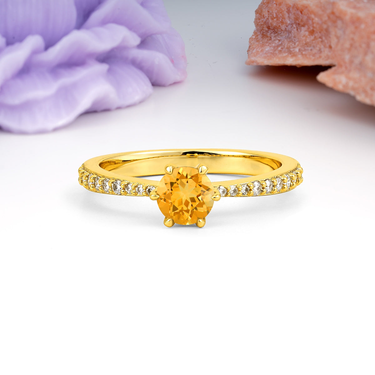 Minimalist Pavé-Set, Luxurious 6-Prong Round Cut Citrine Engagement Ring - Additional view