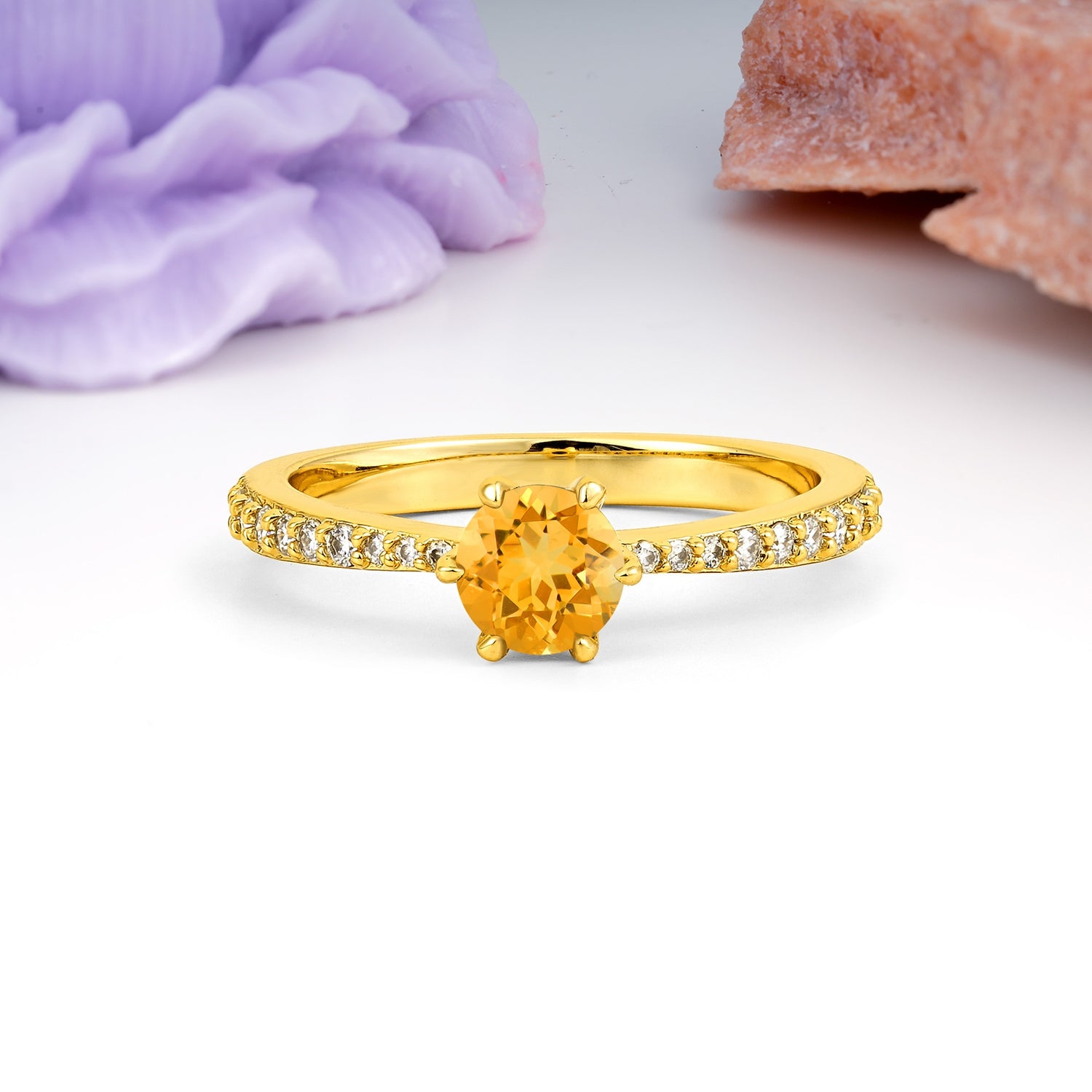 Minimalist Pavé-Set, Luxurious 6-Prong Round Cut Citrine Engagement Ring - Additional view
