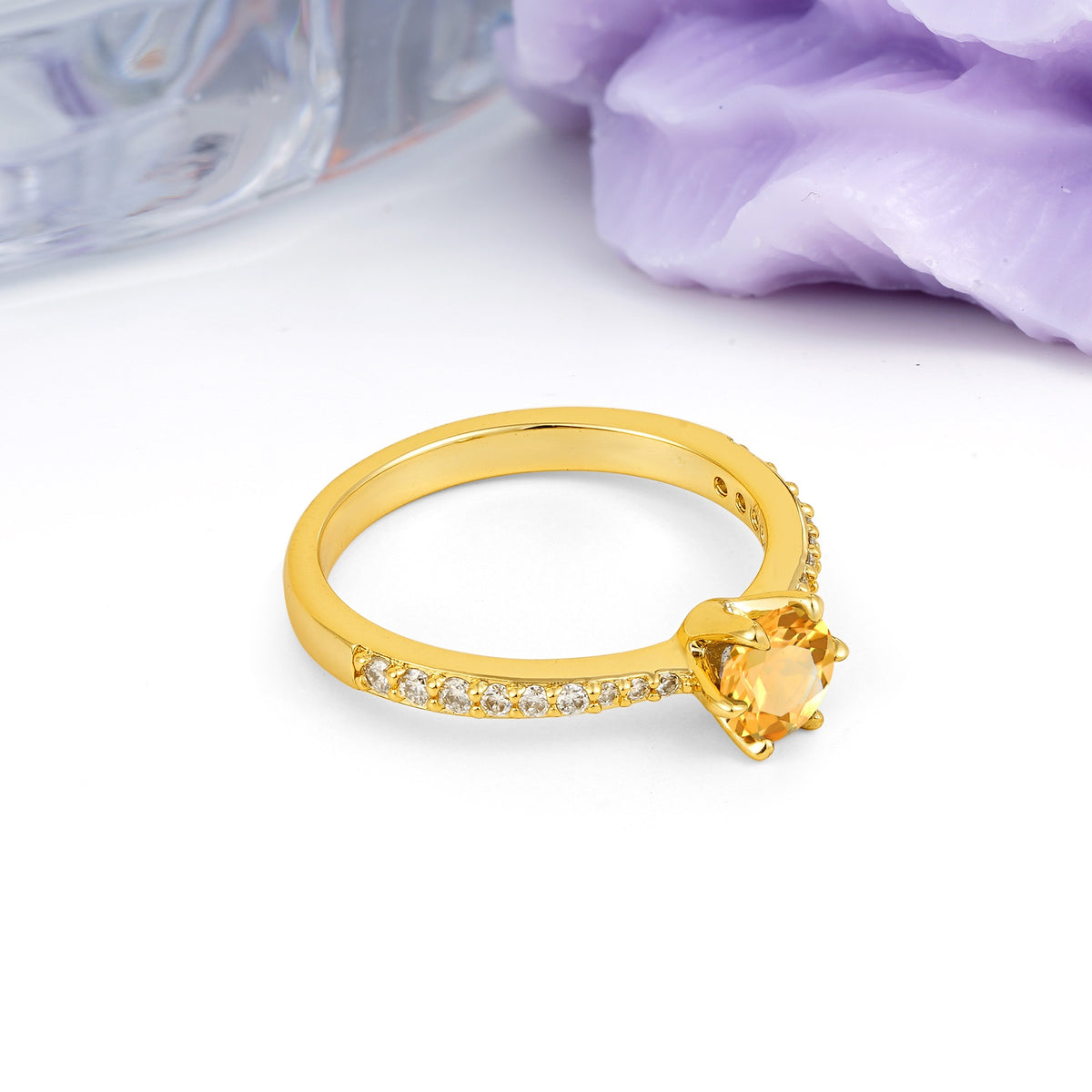 Minimalist Pavé-Set, Luxurious 6-Prong Round Cut Citrine Engagement Ring - Additional view
