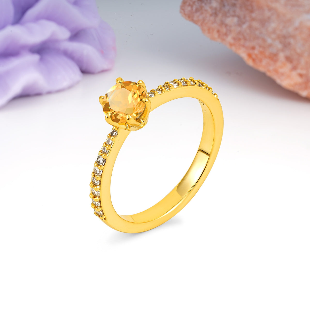 Minimalist Pavé-Set, Luxurious 6-Prong Round Cut Citrine Engagement Ring - Additional view