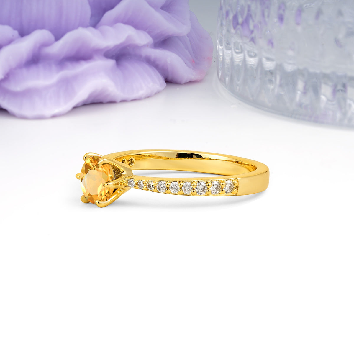 Minimalist Pavé-Set, Luxurious 6-Prong Round Cut Citrine Engagement Ring - Additional view