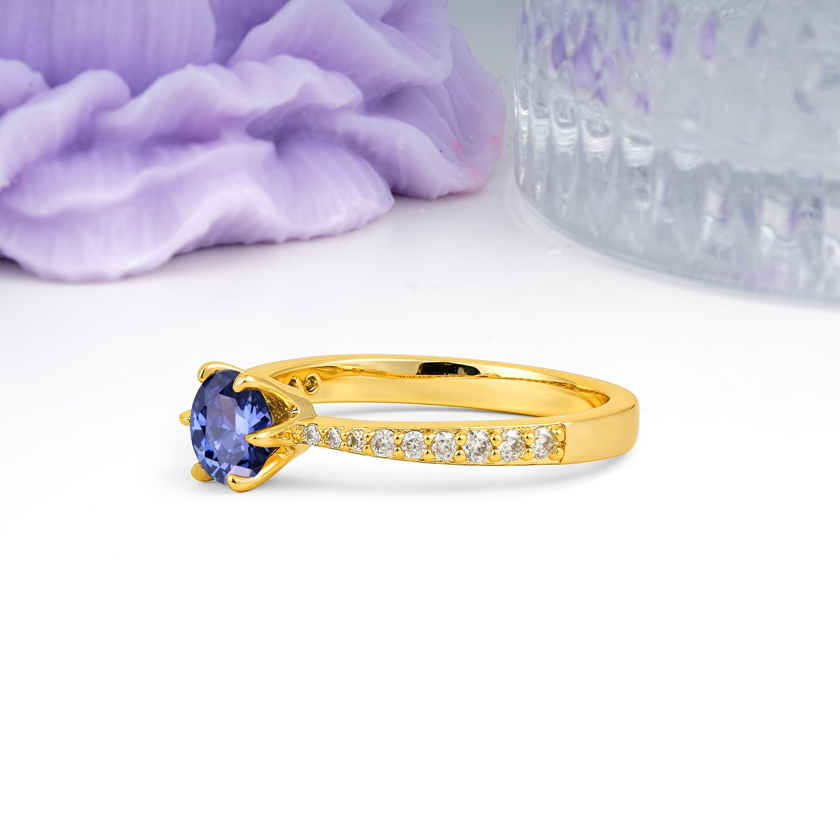 Minimalist Pavé-Set, Luxurious 6-Prong Round Cut Tanzanite Engagement Ring - Additional view