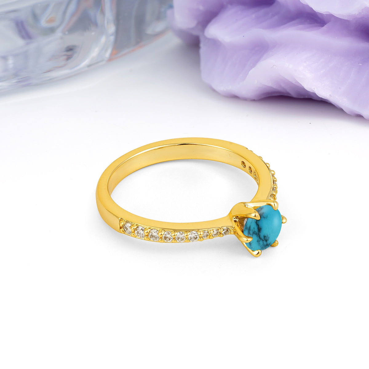 Minimalist Pavé-Set, Luxurious 6-Prong Round Cut Turquoise Engagement Ring - Additional view