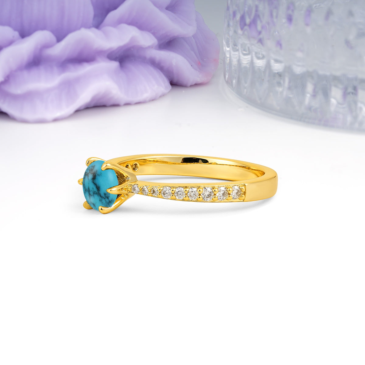 Minimalist Pavé-Set, Luxurious 6-Prong Round Cut Turquoise Engagement Ring - Additional view